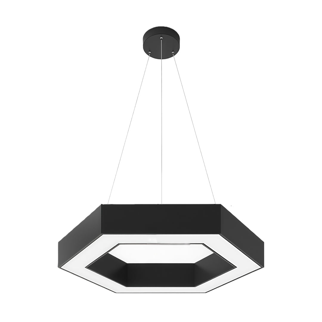 Dynamic arrangement of hexagonal modern chandeliers, illuminating a contemporary space with geometric flair.