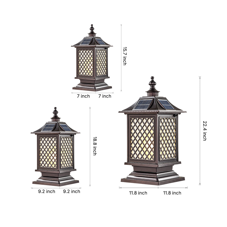 Mission-style post light with geometric glass panels and craftsman-inspired metalwork design