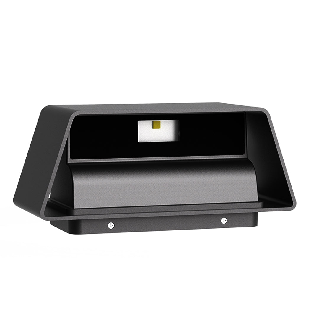 Compact outdoor wall light with adjustable black shade and motion detection capability