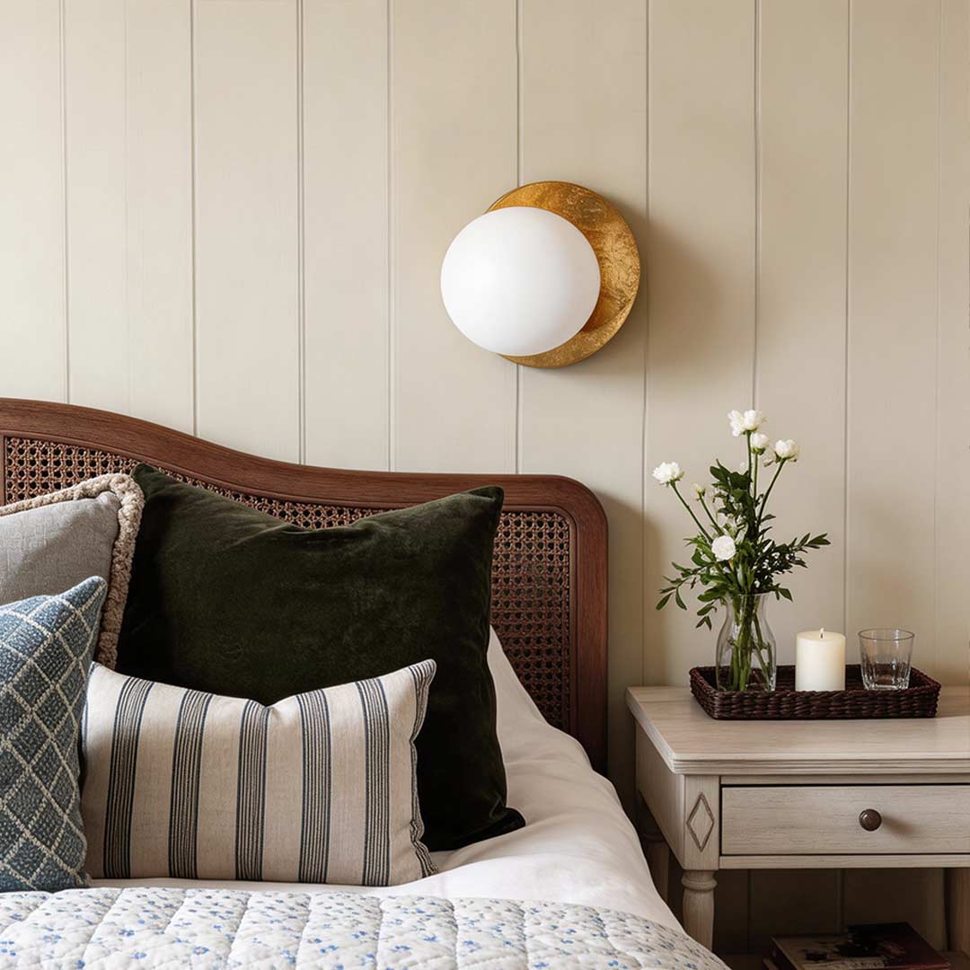 Eclipse wall lamp illuminating a modern bedroom with warm ambient glow.