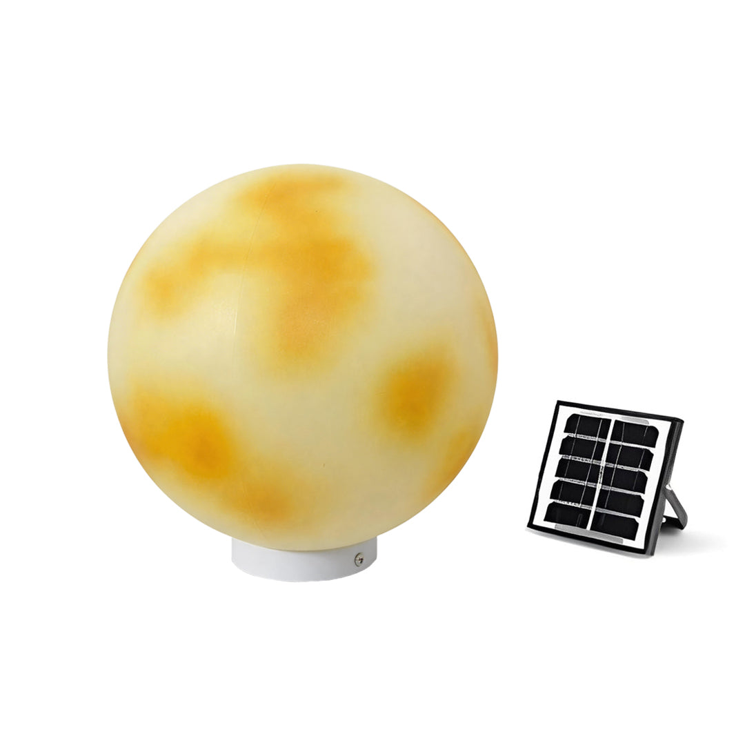 Eco-friendly solar moon-shaped stone pillar light with remote solar panel on white background.