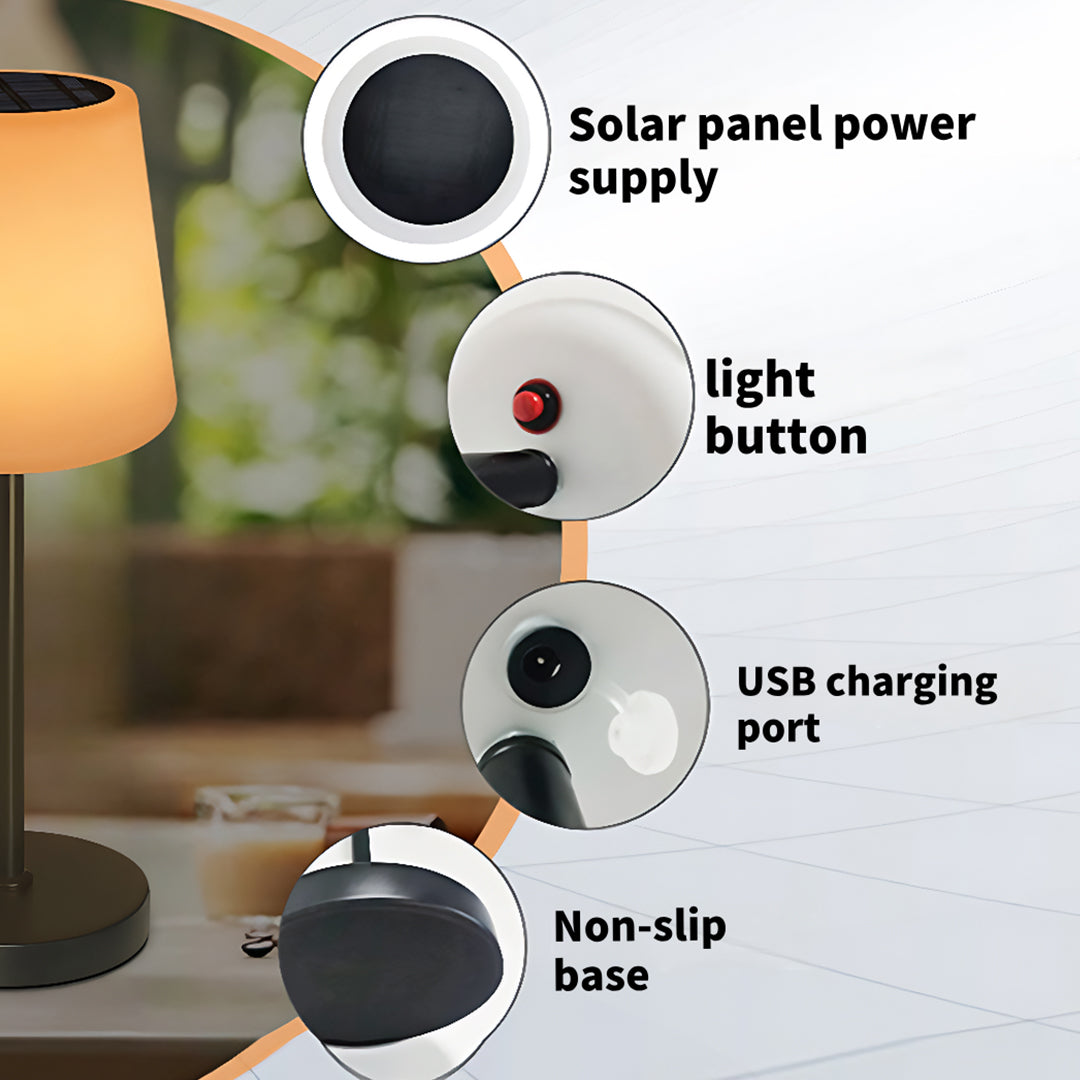Product feature diagram highlighting solar panel, light button, USB port and non-slip base components