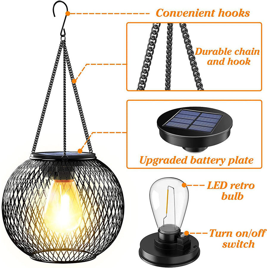 Product showcase displaying solar hanging lantern with specifications and feature callouts