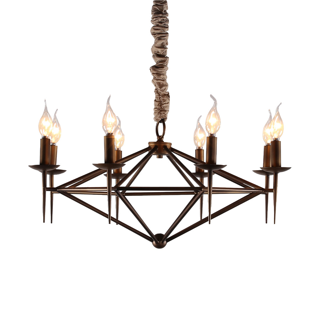 Close-up of the eight-light brown chandelier, showing the decorative rope suspension and individual candelabra bulb holders.