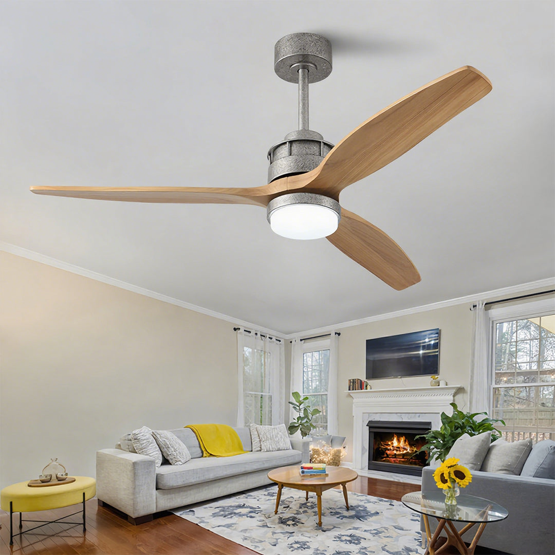 Elegant wooden 3-blade ceiling fans with light installed in bright modern living room space