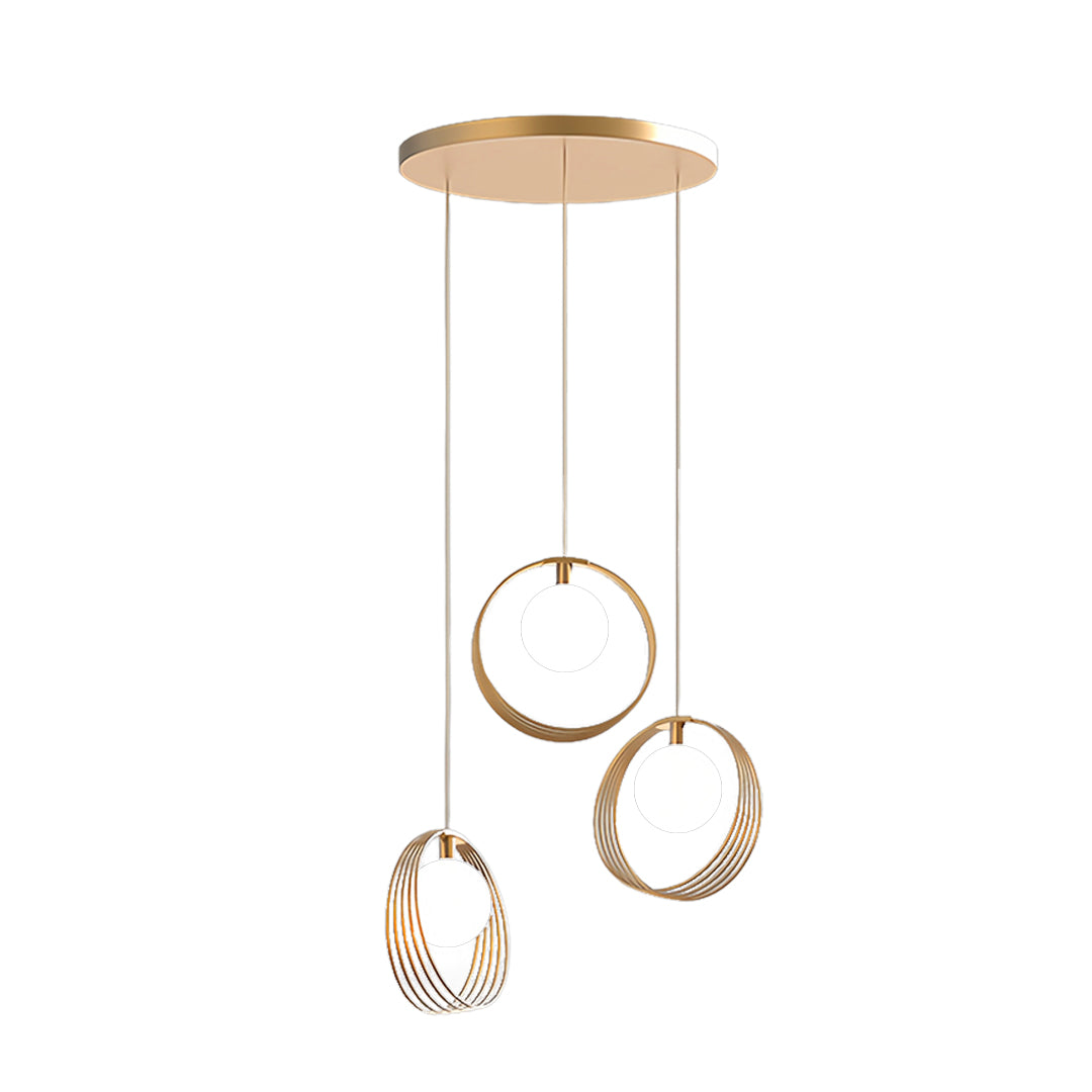 Elegant 3 bulb pendant light with mixed geometric forms and warm brass metal accents