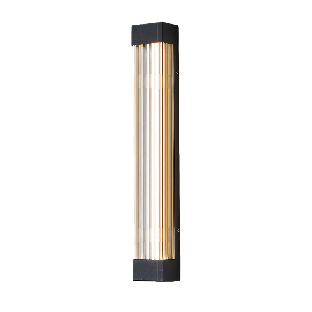 Elegant amber-tinted linear outdoor sconce in a vertical design, shown as an unlit product photo.