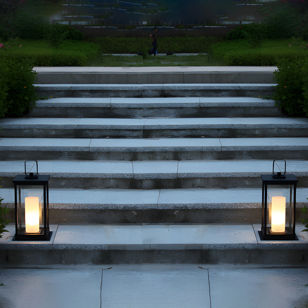 Silver Metal Table Lamp outdoor lanterns creating elegant ambient lighting on modern deck with contemporary architecture