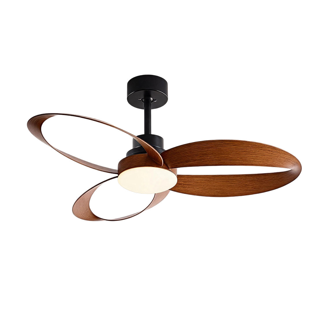 Modern ceiling fans with light featuring dark wood loop blades in an elegant neutral bedroom.