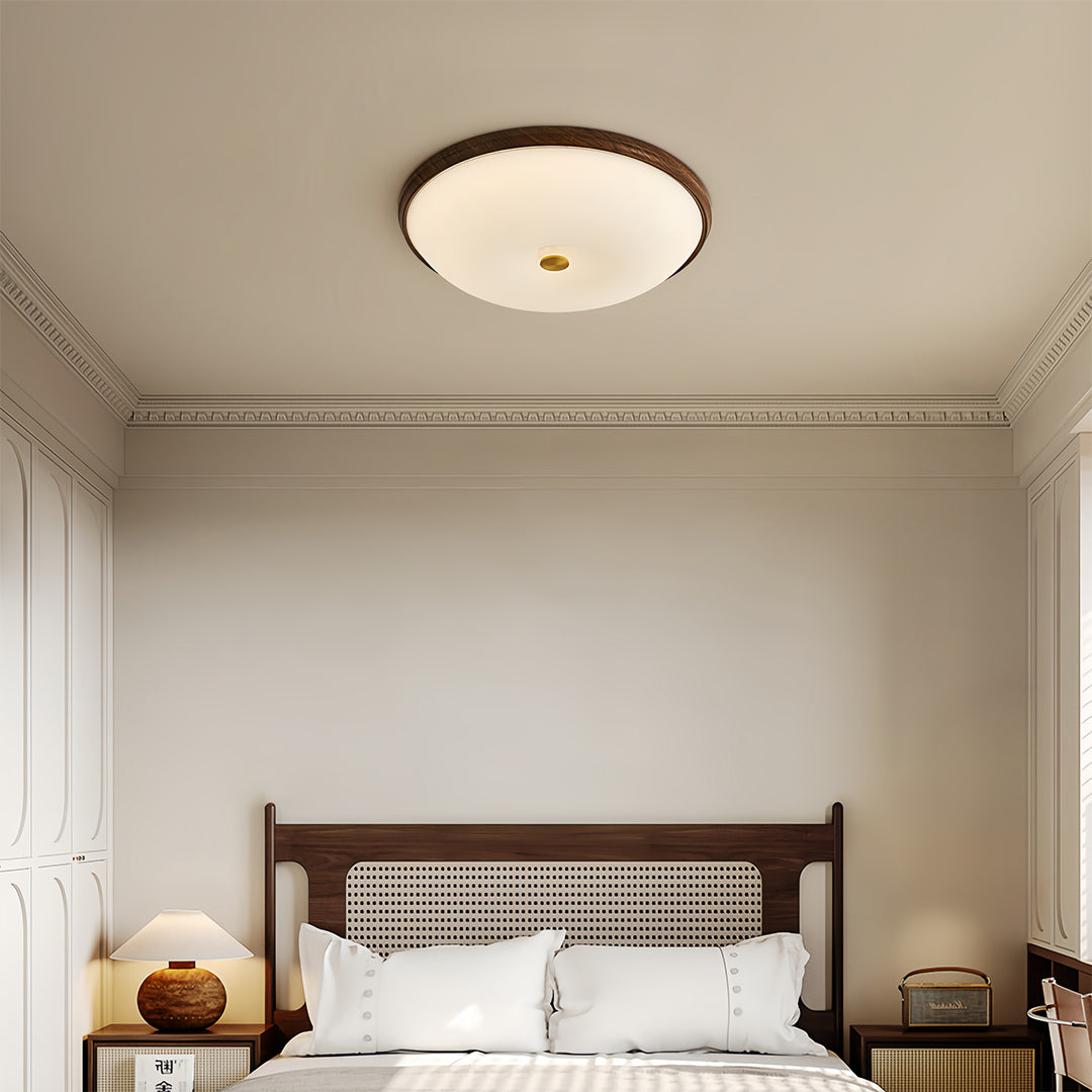 Elegant bedroom with vintage art deco flush mount ceiling light, stylish and classic lighting fixture