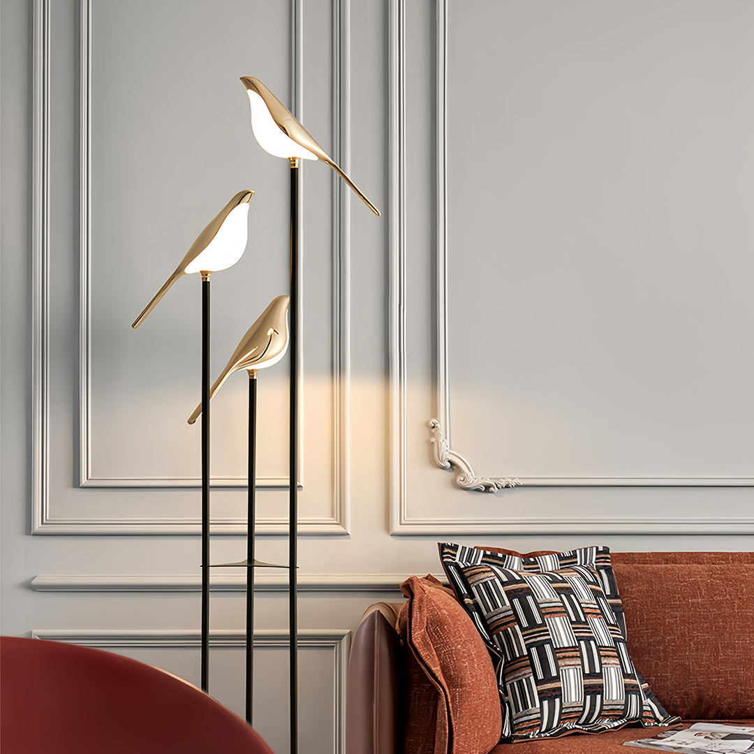 Elegant bird floor lamp in traditional interior with ornate furniture and classic decor creating sophisticated atmosphere