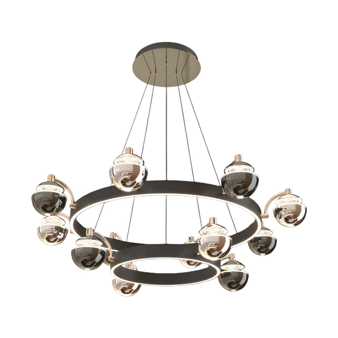 Elegant black and gold modern chandelier with dual-tier circular rings and graduated spherical glass pendants