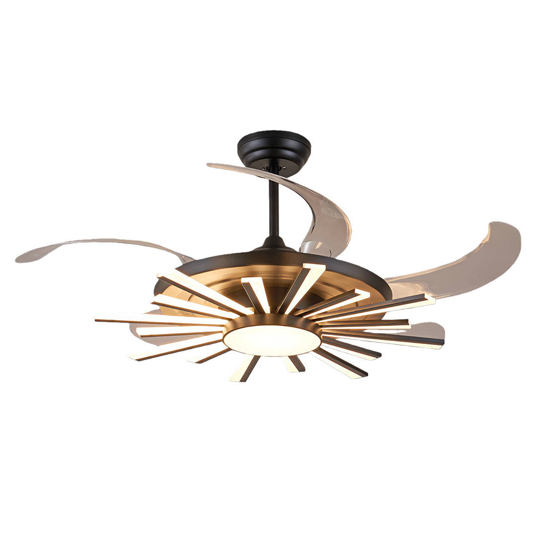 Elegant black modern ceiling fan with light in white finish option with retractable blade technology