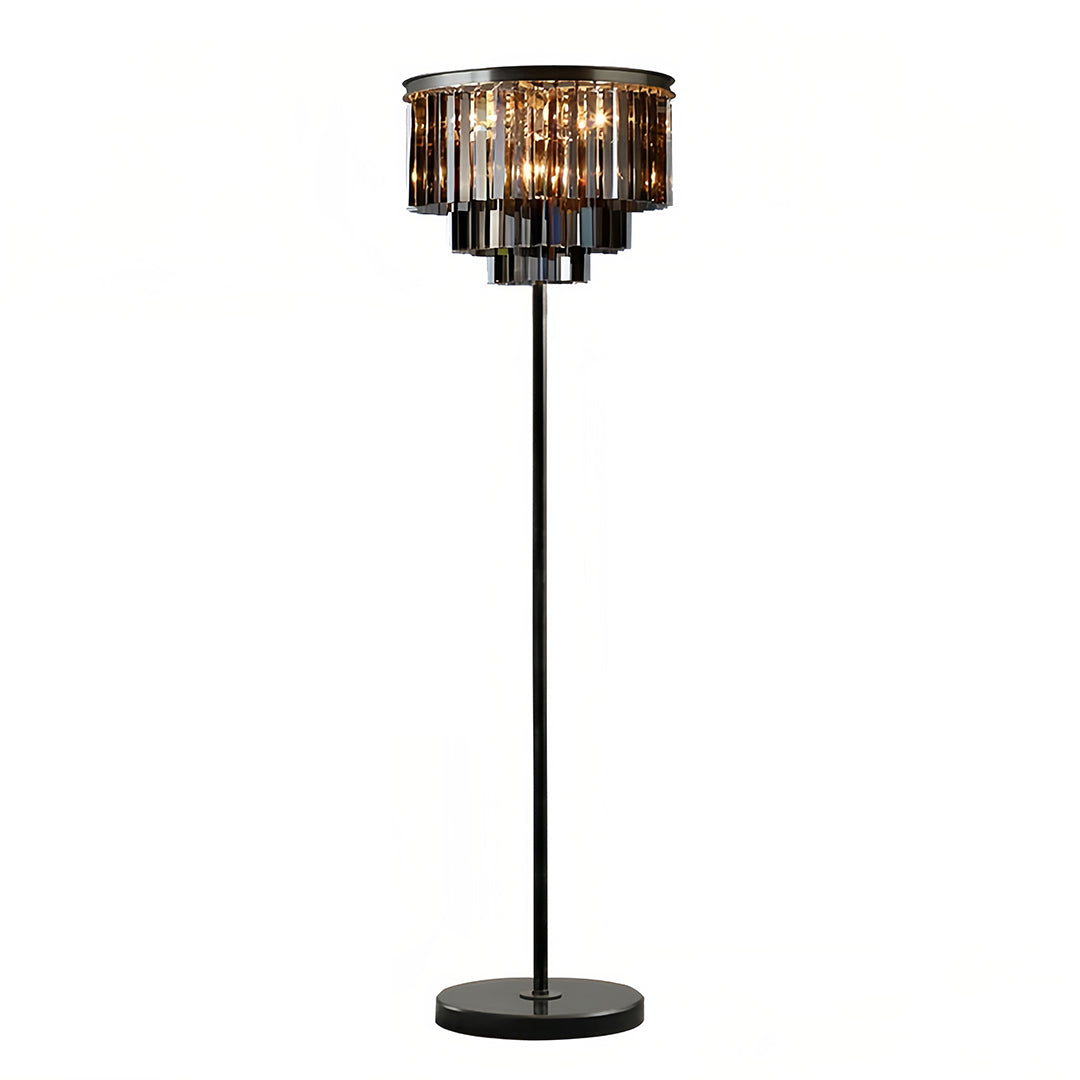 Elegant black floor crystal lamp with multiple crystal tiers, sophisticated indoor lighting