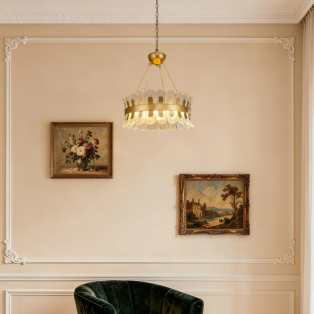 Stylish gold candle-style chandelier in a sophisticated dining room with classic decor