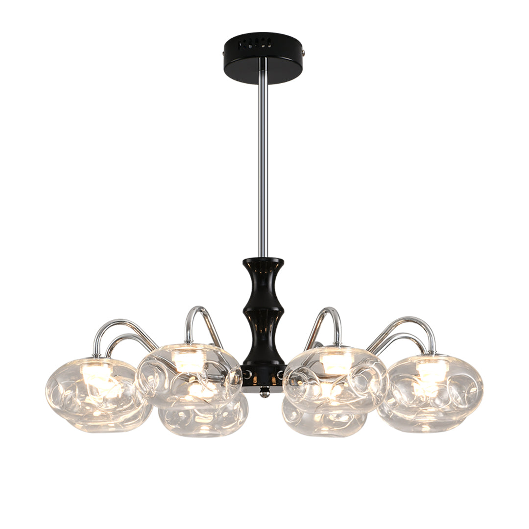 Elegant art glass chandelier with black metal frame featuring clear glass globes in symmetrical arrangement