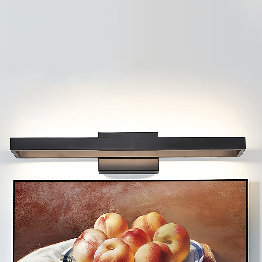 Elegant black vanity bathroom light with horizontal LED strip mounted on textured wall surface