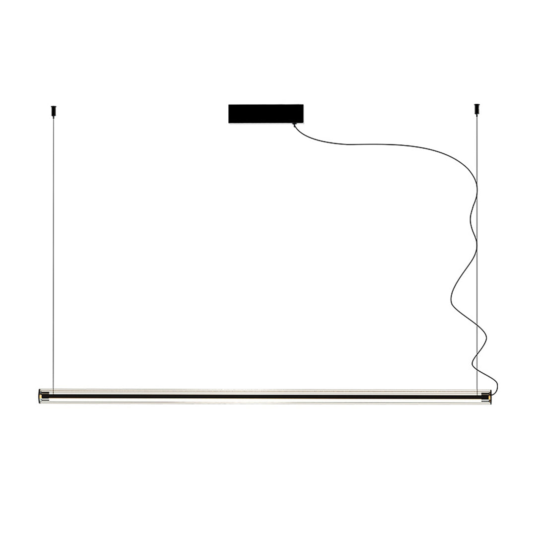 Elegant linear pendant light featuring clean black profile suspended over modern dining area