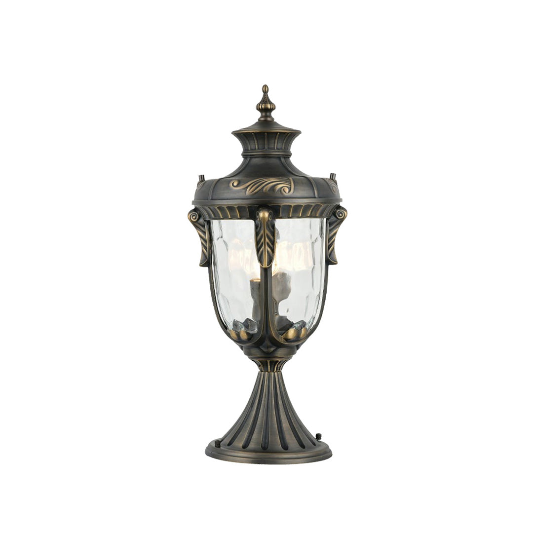 Elegant black outdoor pillar lights for house with intricate details, perfect for sophisticated exteriors.