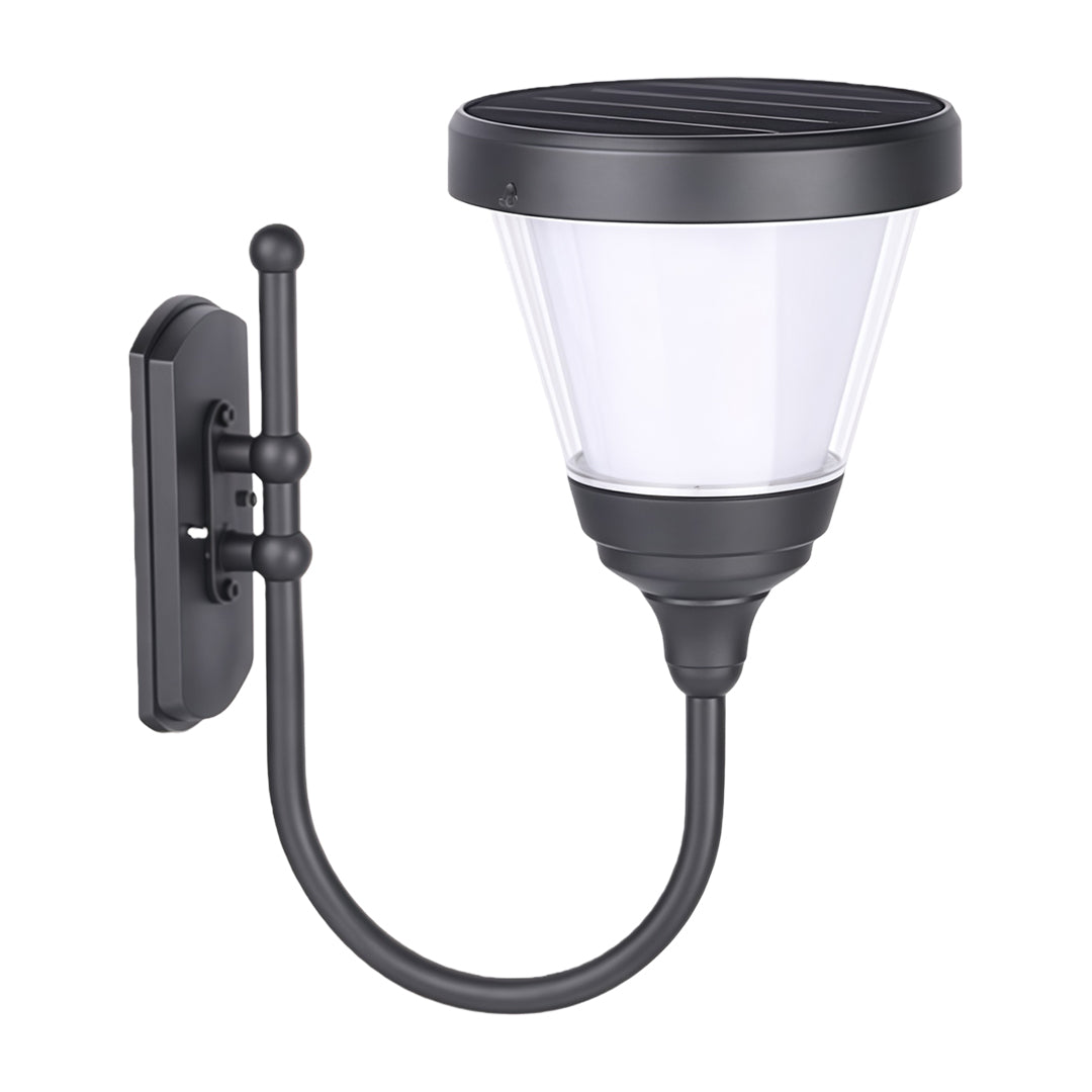 Elegant black outdoor wall mount light installed beside an arched window, offering soft illumination.