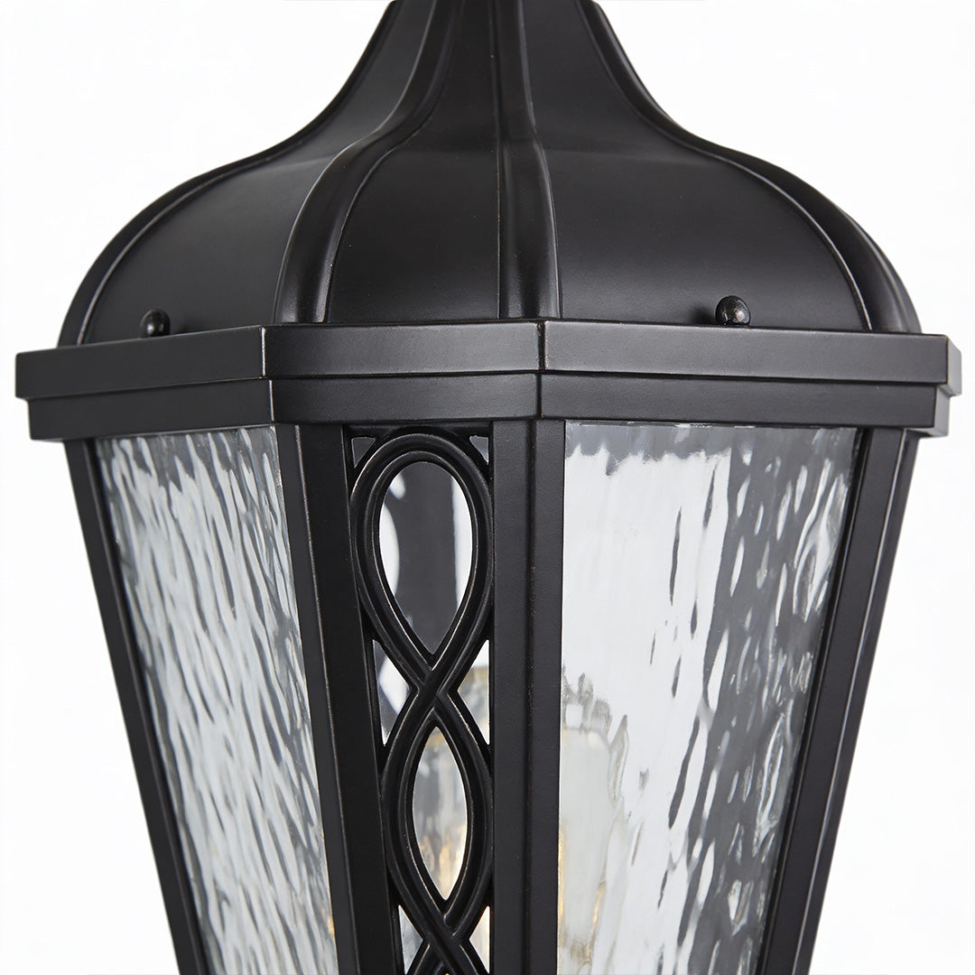 Elegant post lights outdoor with black metal frame and infinity-patterned glass, perfect for sophisticated garden illumination.