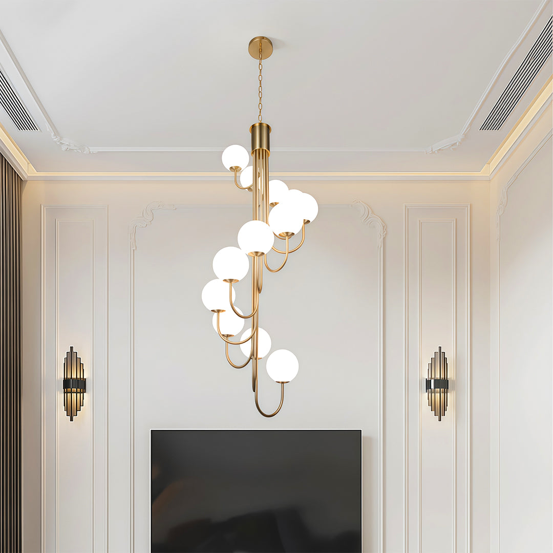 Elegant black spiral globe chandelier with cascading frosted globes hanging gracefully.