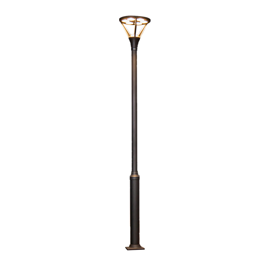 Elegant black street lamp with ornate decorative top and traditional Victorian-style design