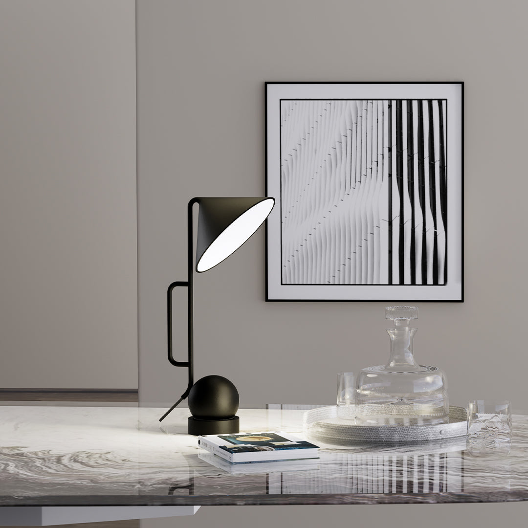 Elegant black metal USB rechargeable table lamp on modern desk with architectural lighting