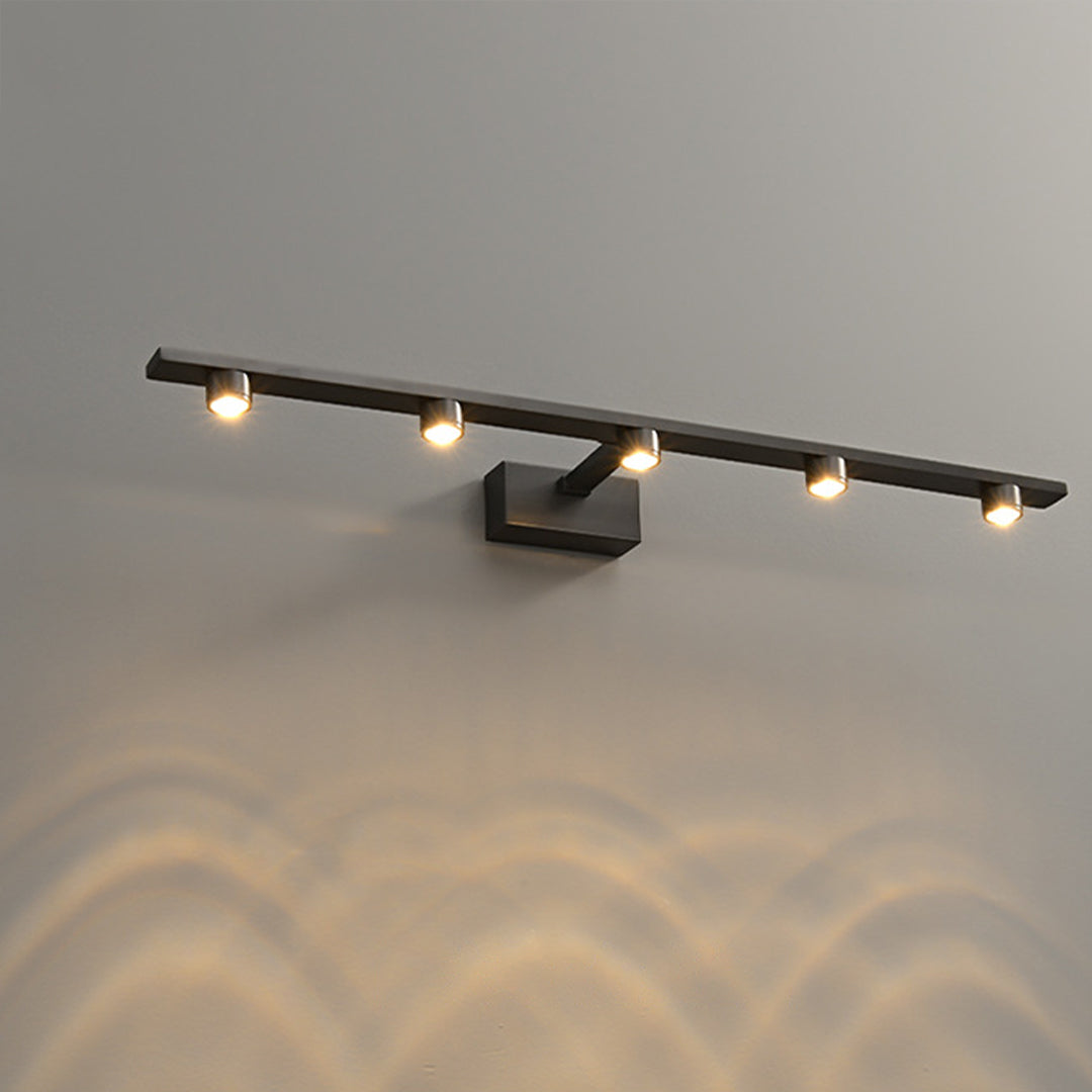Elegant black vanity lights for bathroom mounted diagonally creating dynamic lighting patterns