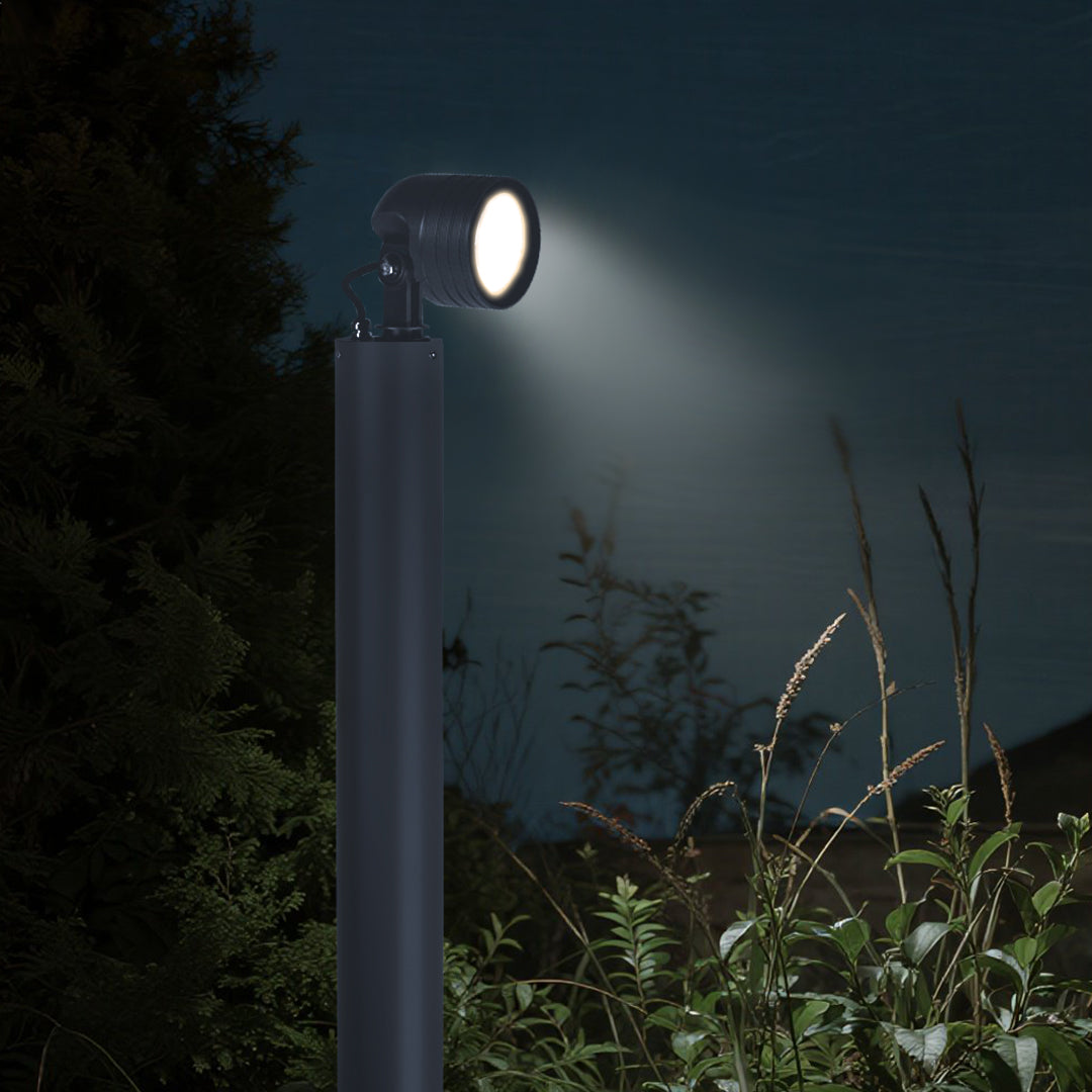 Elegant bollard lighting creating atmospheric illumination in garden setting with natural vegetation