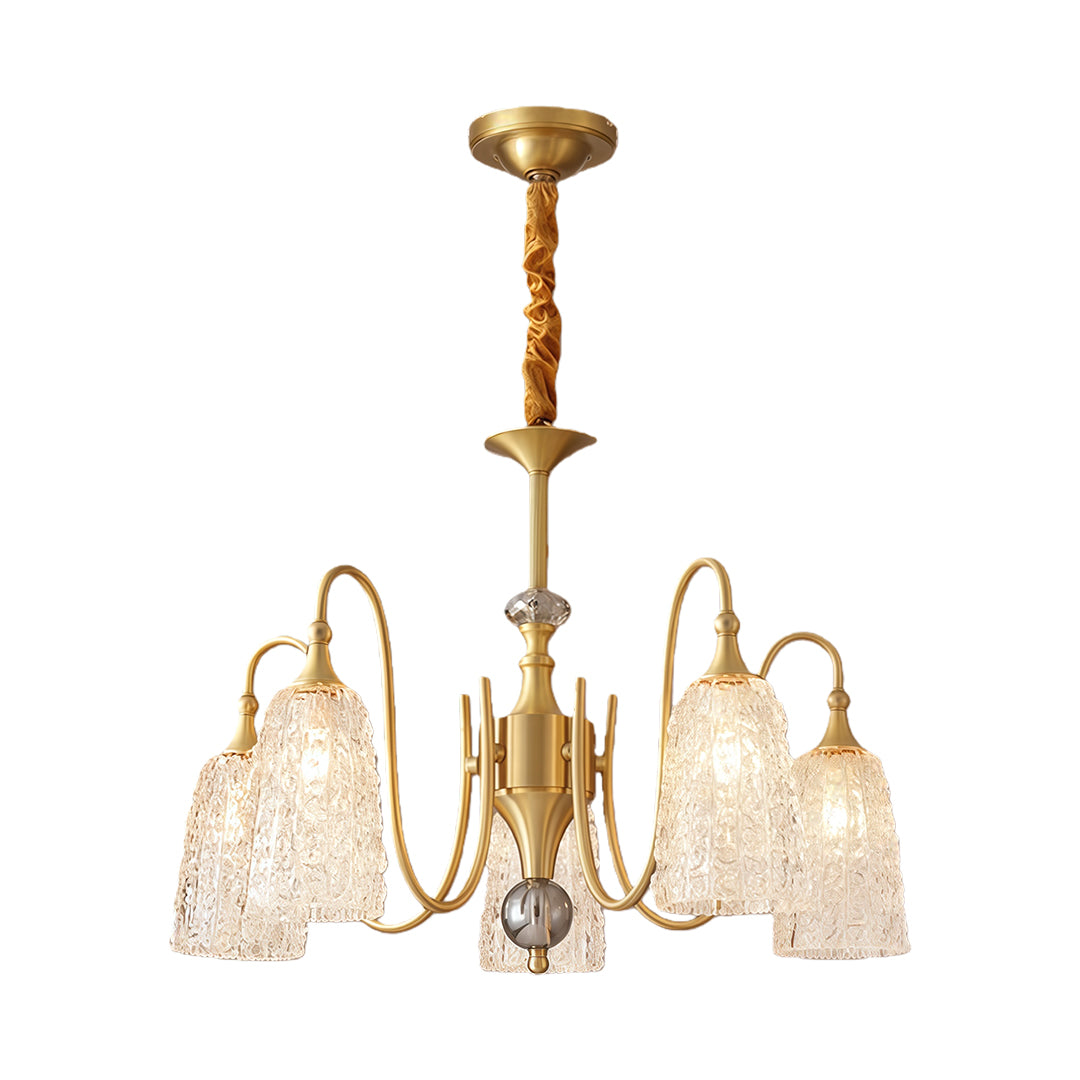Elegant brass vintage chandelier with crystal droplets and intricate metalwork, perfect for classic interiors.