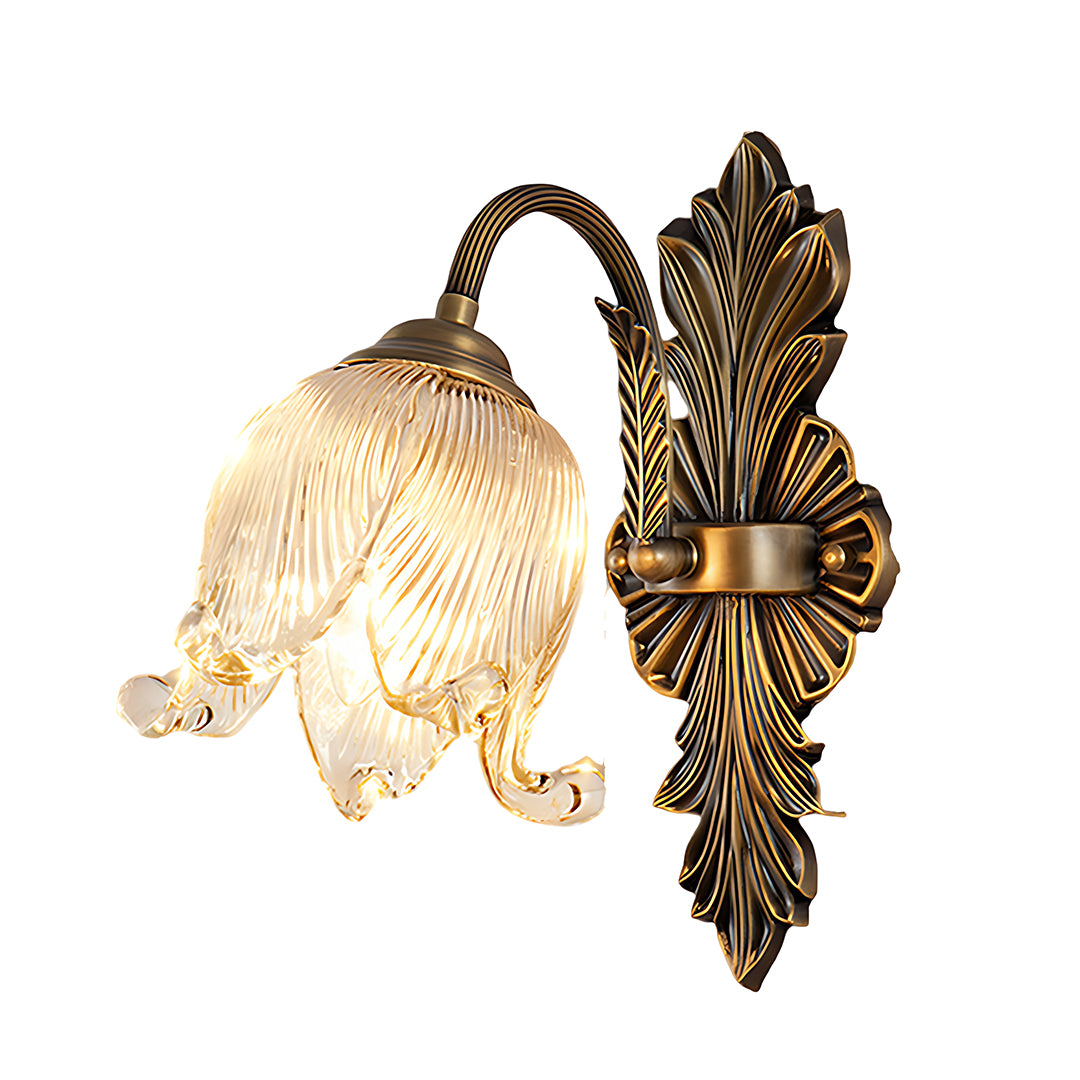 Elegant brass wall lights featuring single ornate backplate with decorative glass bell shade
