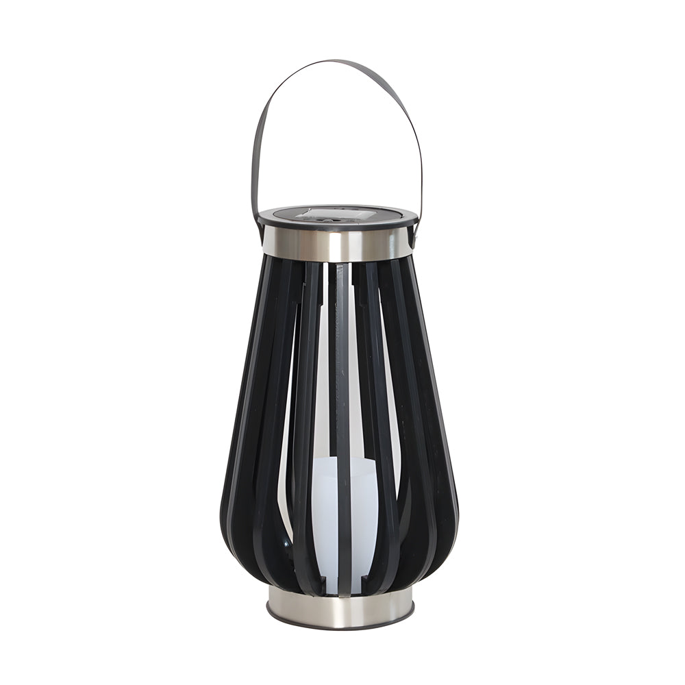 Elegant solar lantern featuring bulb-style LED lighting and polished chrome carrying handle