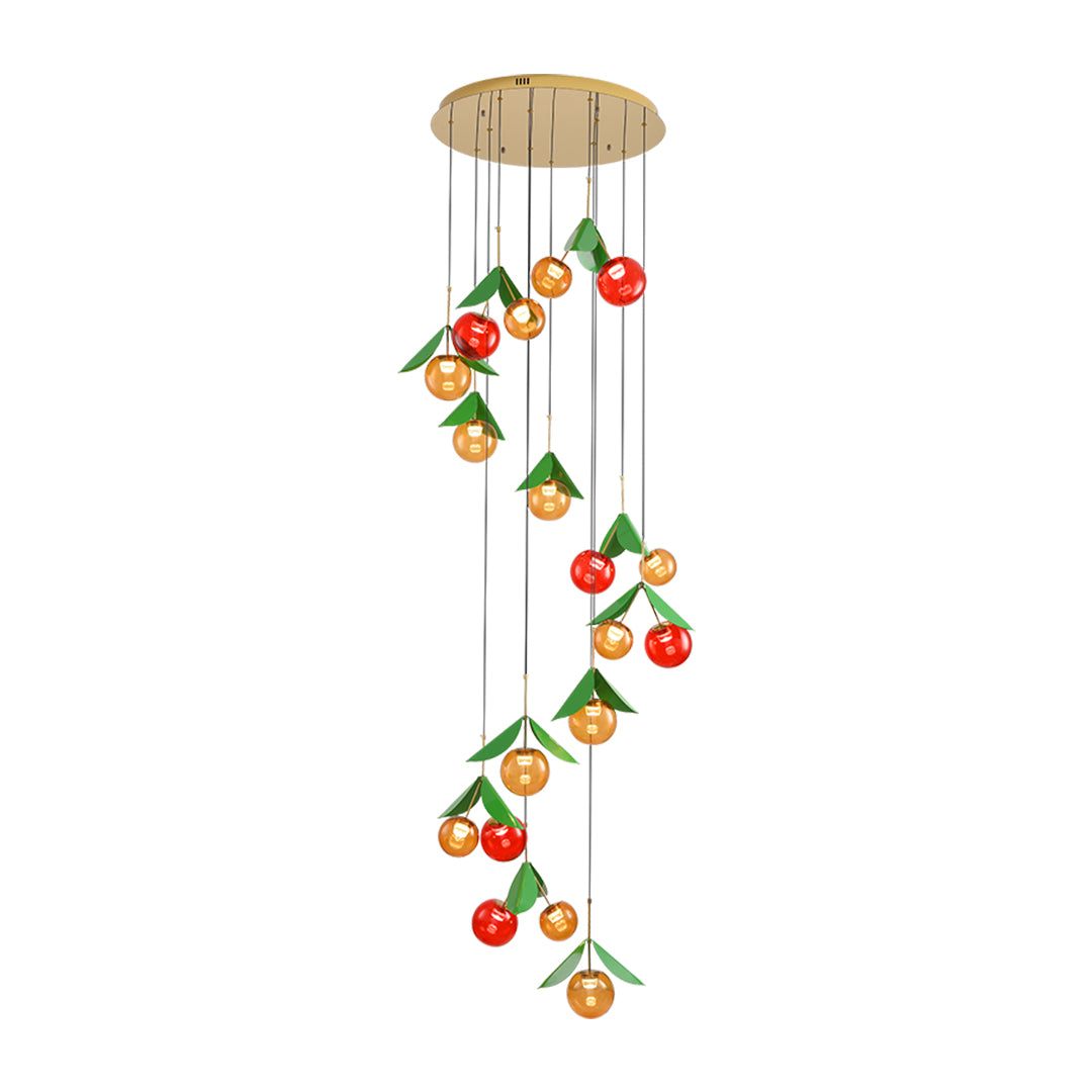 Elegant cascading cherry chandelier with red and amber glass spheres suspended at varying heights from brass ceiling mount