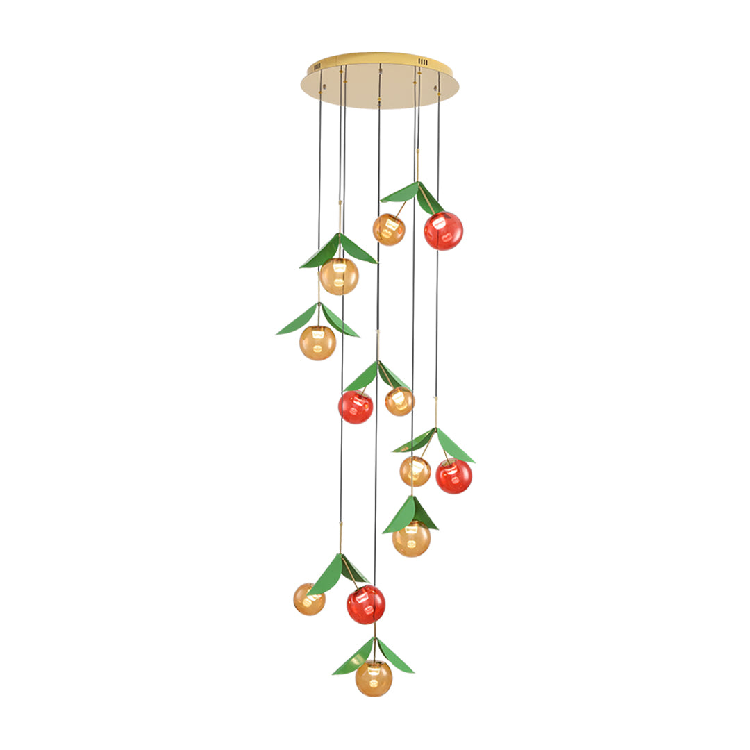 Elegant cascading cherry chandelier with red and amber glass spheres suspended at varying heights from brass ceiling mount