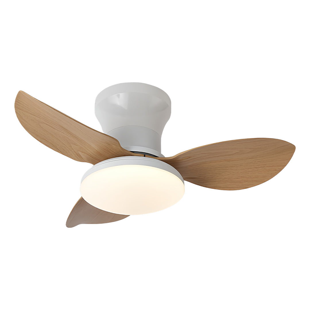 Elegant ceiling fan with dimmer light featuring natural wood and white blades with warm LED lighting