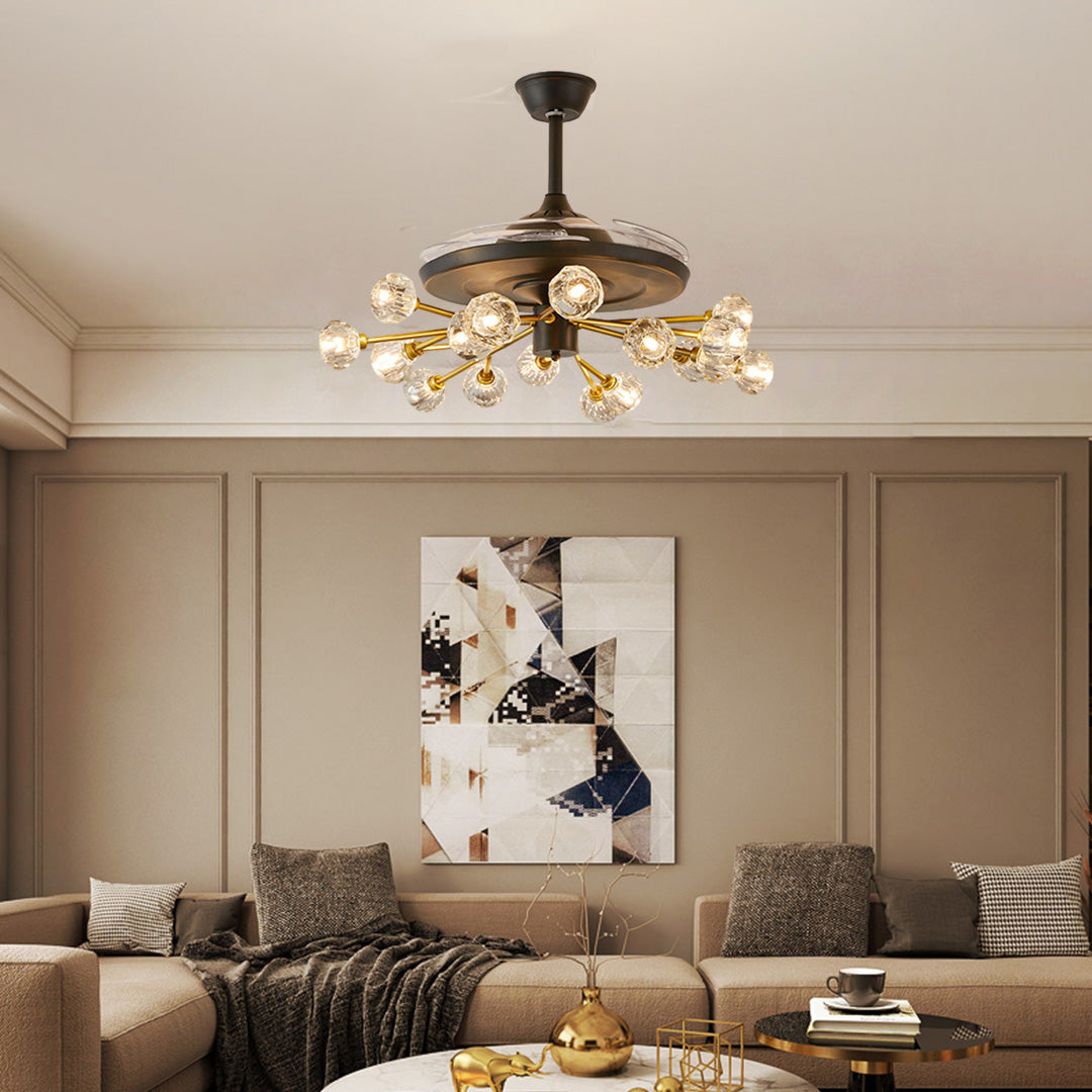 Ceiling fan with multiple lights creating elegant ambiance in sophisticated living room with artistic decor