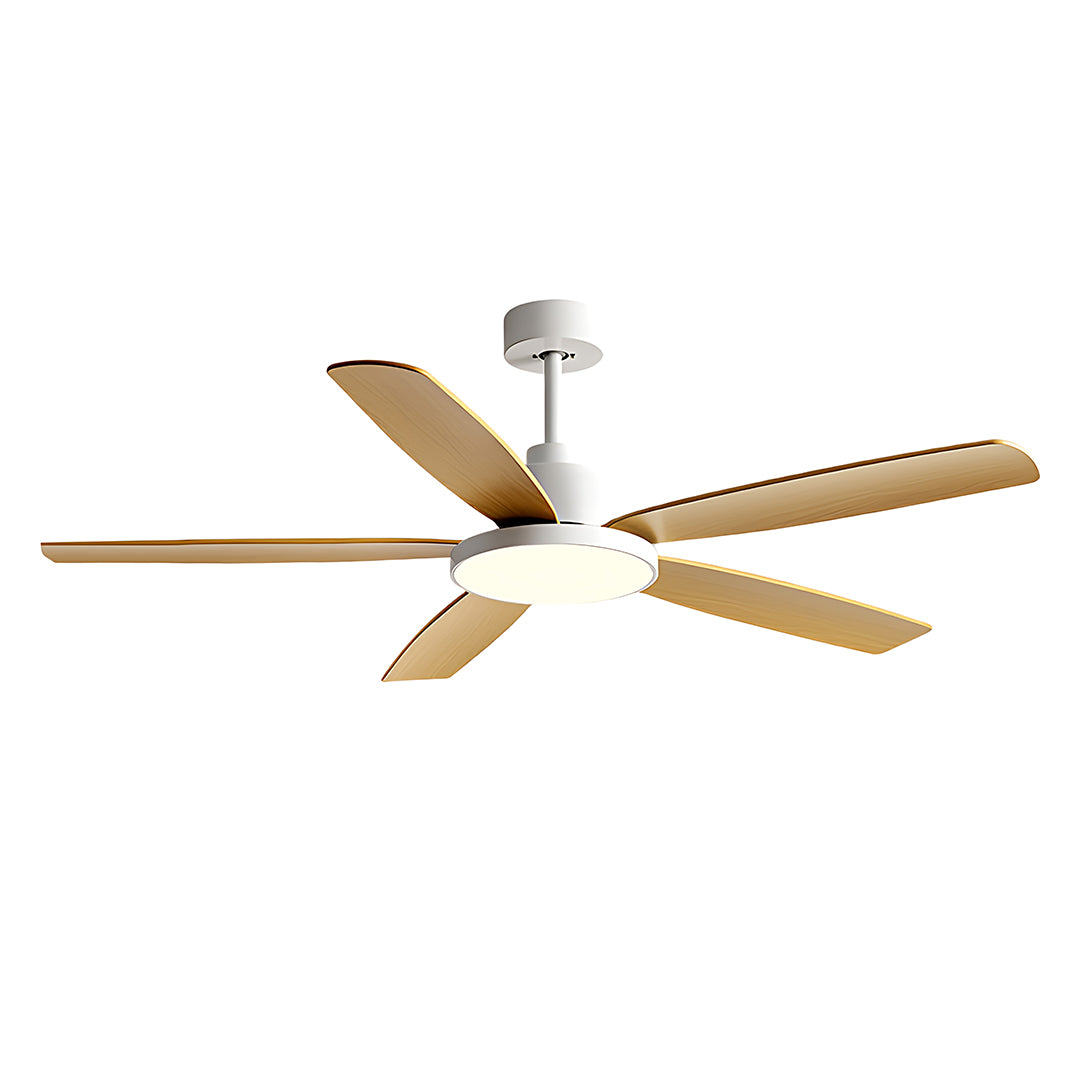 Elegant ceiling fans with 5 lights combining natural wood blades with brushed nickel hardware
