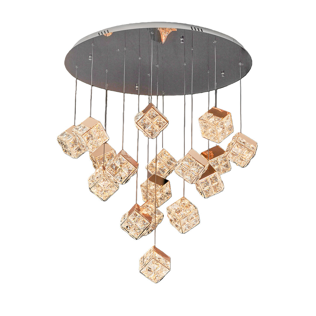 Elegant chandelier with crystals featuring glass shade chandelier design in large circular form with multiple geometric crystal drops.