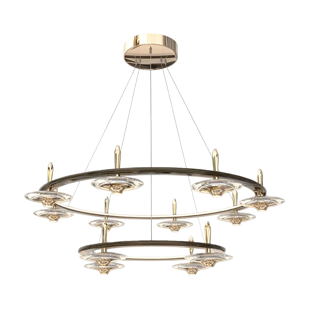 Elegant chandelier with round crystals showcasing tiered circular design with crystal drops and chrome hardware
