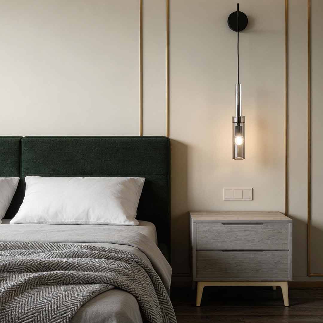 Elegant bedside hanging wall lamp creating a warm glow in a contemporary master bedroom suite.