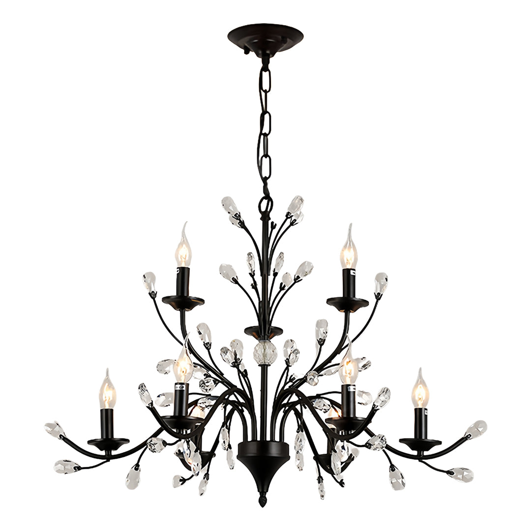 Elegant contemporary candle chandelier with ornate black metalwork and crystal embellishments for luxury lighting