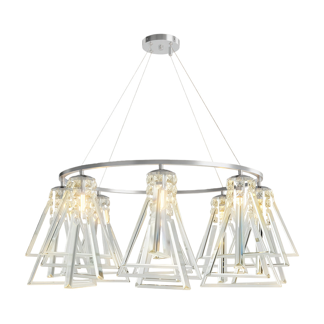 Elegant contemporary crystal chandelier with glass shade chandelier styling in polished chrome featuring triangular crystal shades.