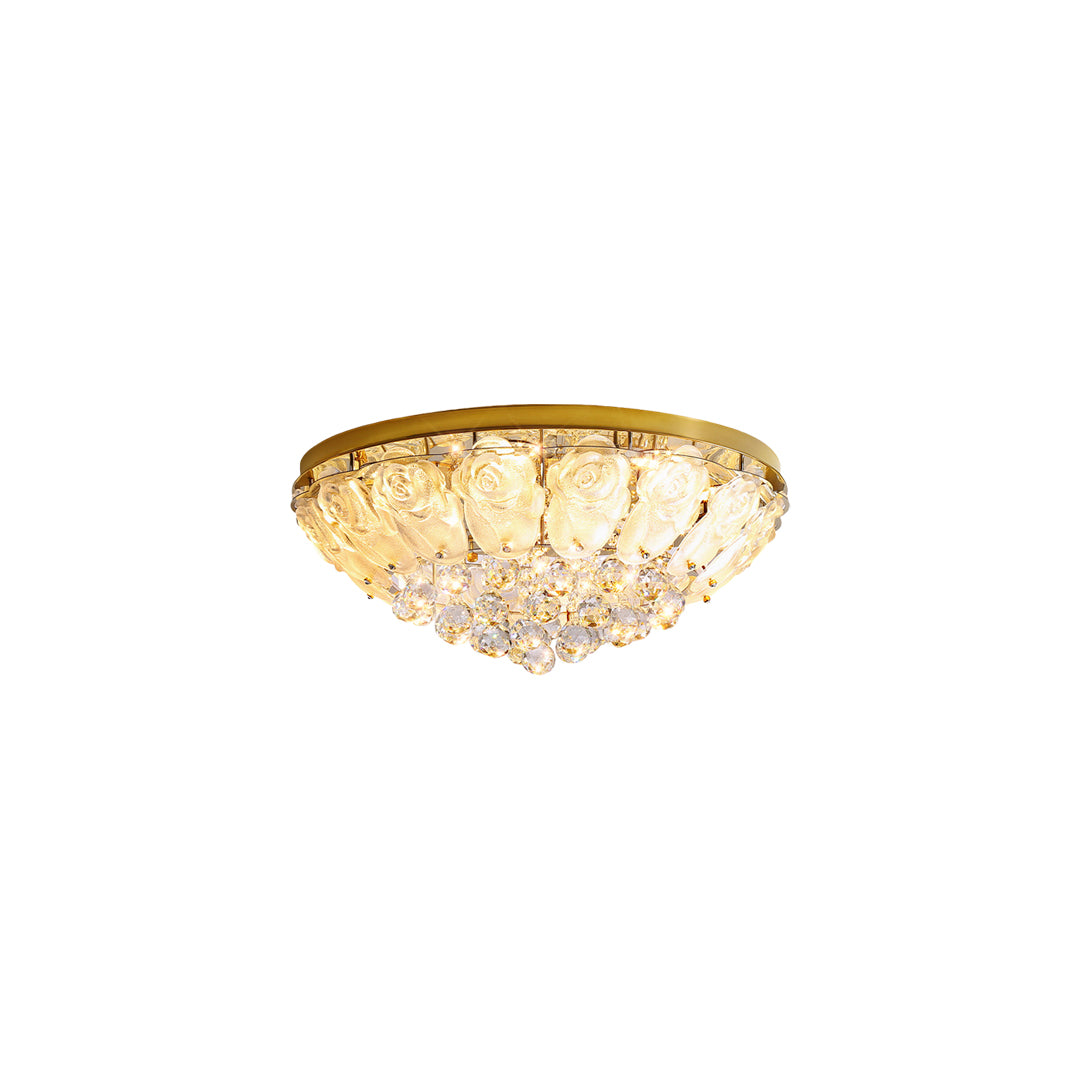 Elegant crystal ceiling lights flush mount with dome shape featuring layered crystal drops in brass finish