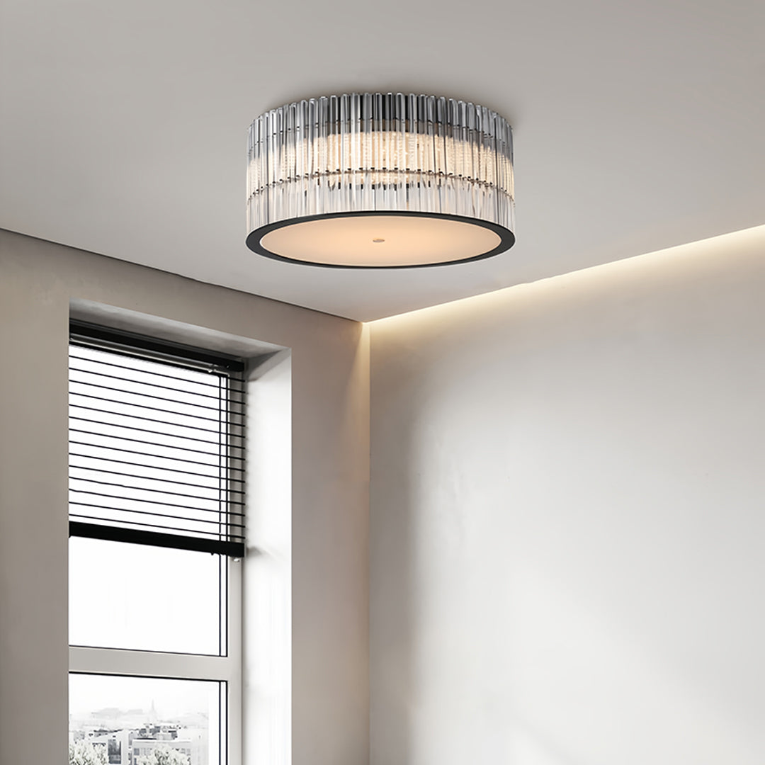 Elegant crystal flush mount ceiling lights featuring a round shape, mounted in a hallway with minimalist decor.