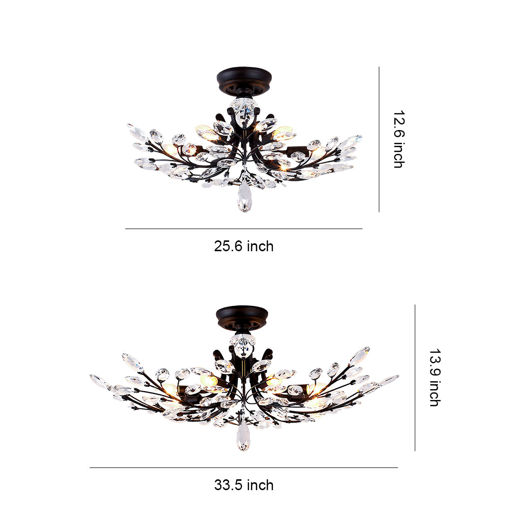 Elegant crystal semi flush ceiling light with black finish and cascading crystal branches for luxurious overhead lighting