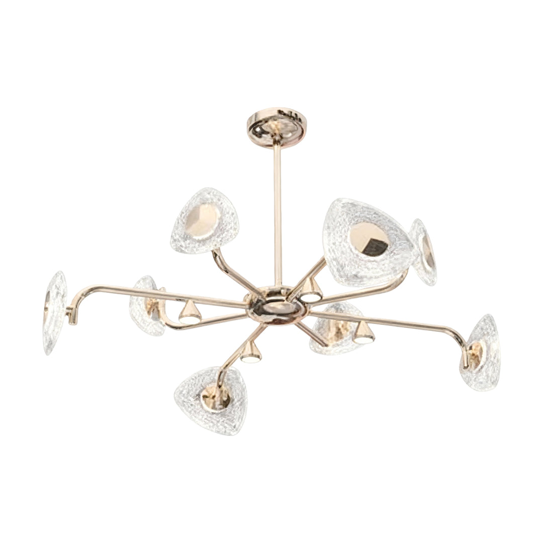 Elegant crystal vintage chandelier displaying curved branches with floral glass shades in chrome and gold
