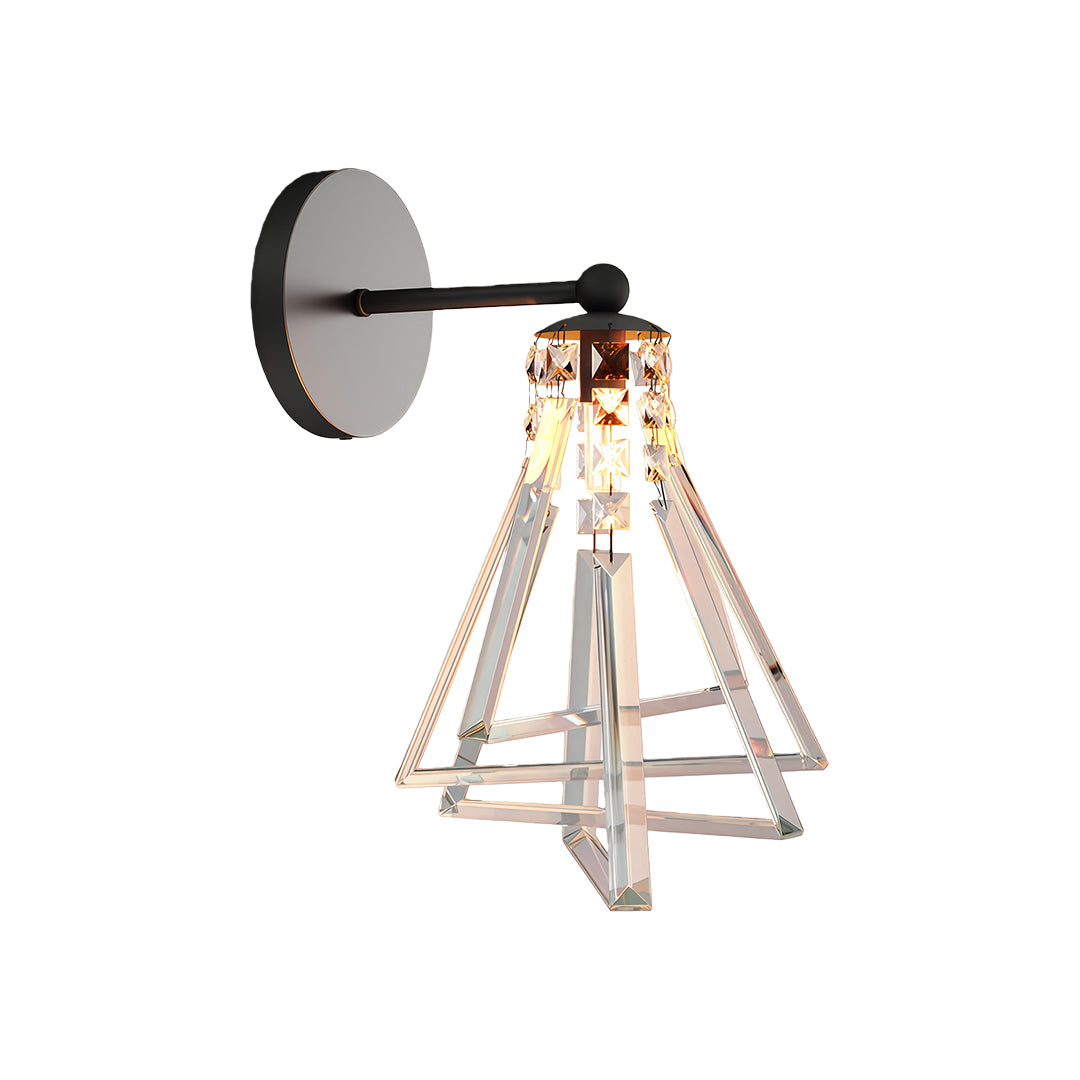 Elegant crystal wall lights featuring glass shade chandelier design in matte black with sculptural wire frame and crystal droplets.