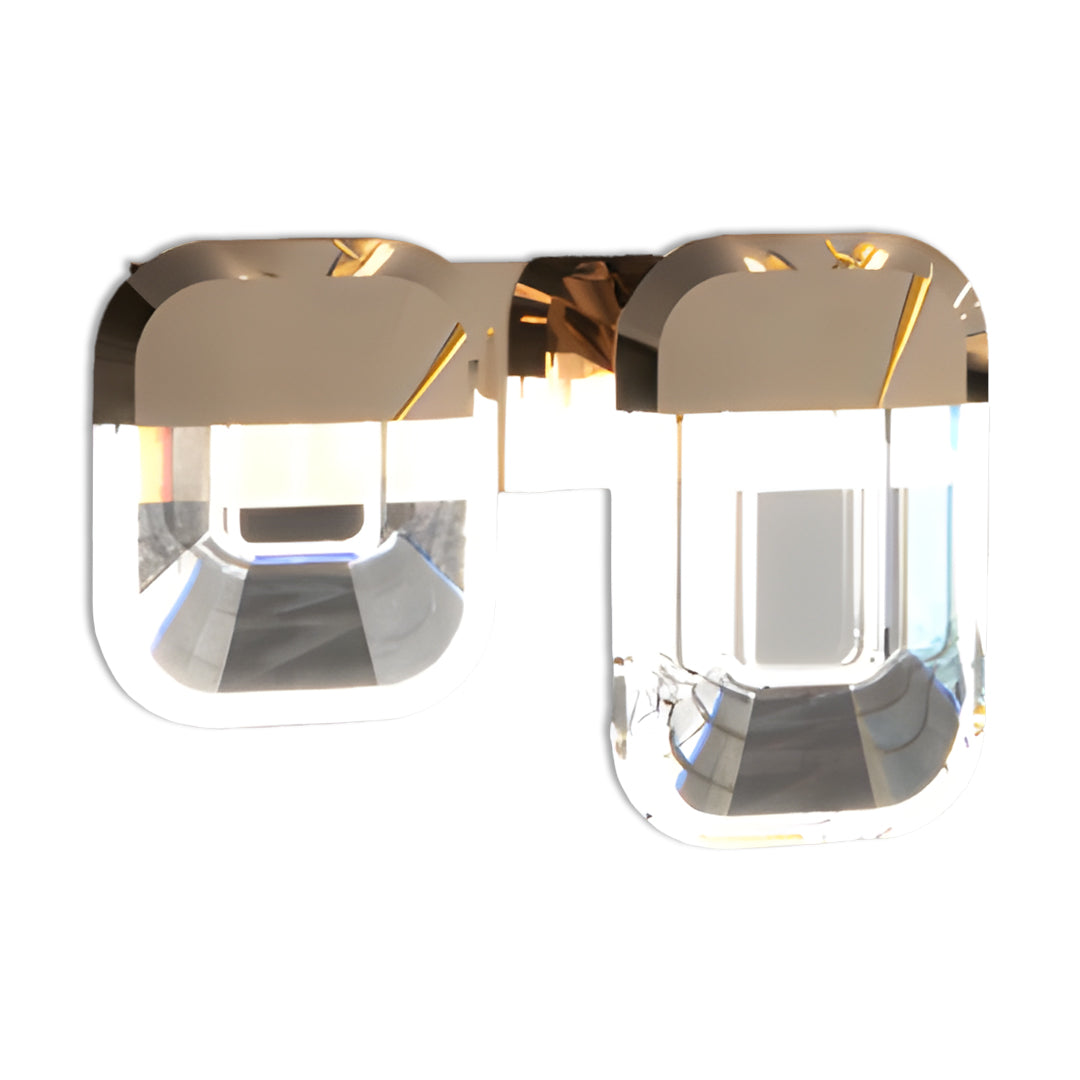 Elegant crystal wall sconce lighting displaying pair of cube glass shades with arched bronze metalwork accents