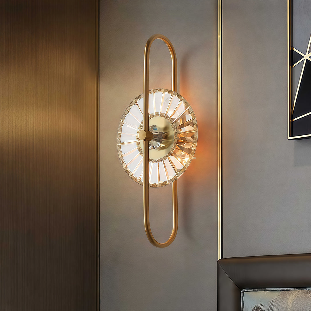 Elegant crystal wall sconces lighting featuring glass shade chandelier design illuminating modern hallway with warm ambient glow.